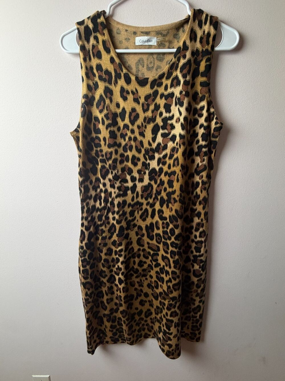 Calvin Klein Leopard Print Knit Dress Women’s Large L Sleeveless NWOT